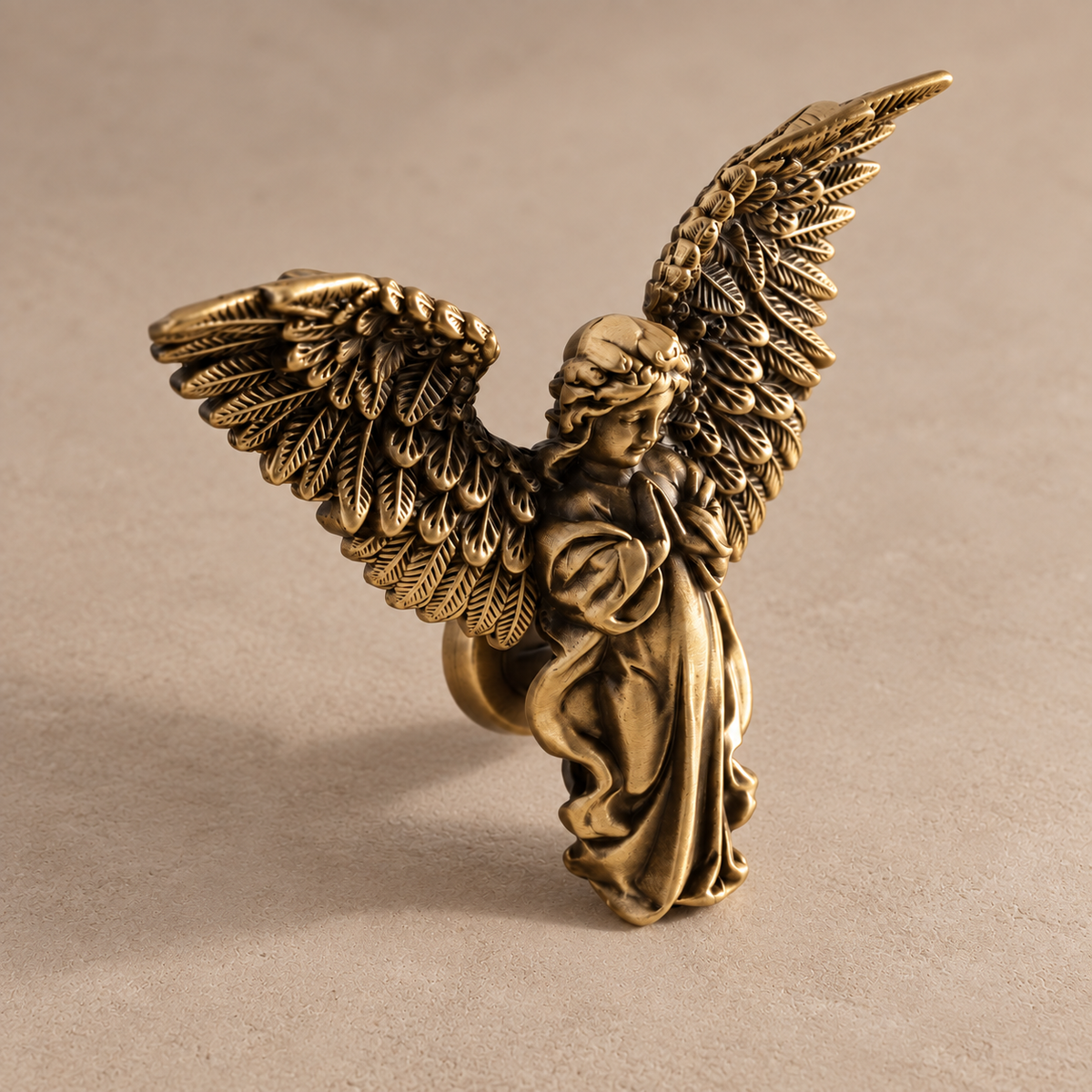 Angled detail of antique brass angel knob showing sculpted wings and mounting stem