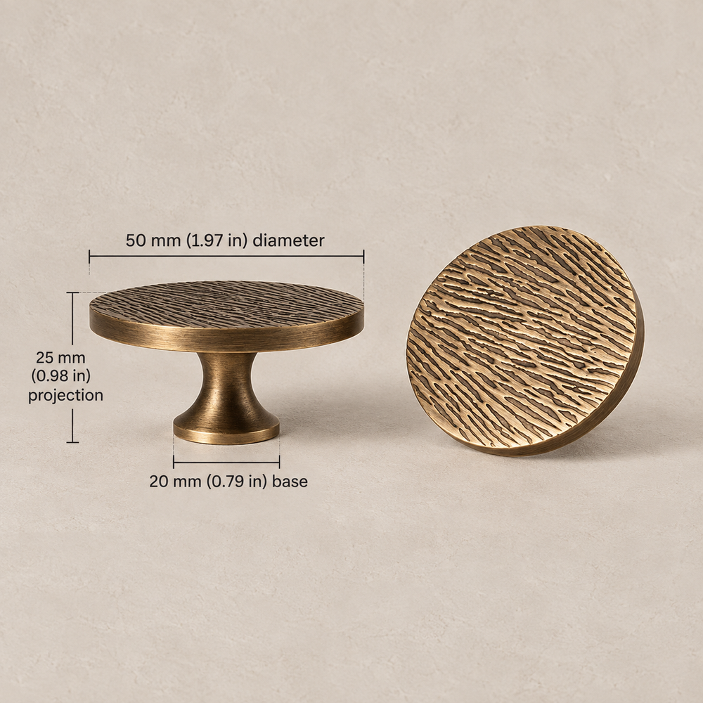 Round cabinet knob dimensions: 50 mm (1.97 in) diameter and 25 mm (0.98 in) projection