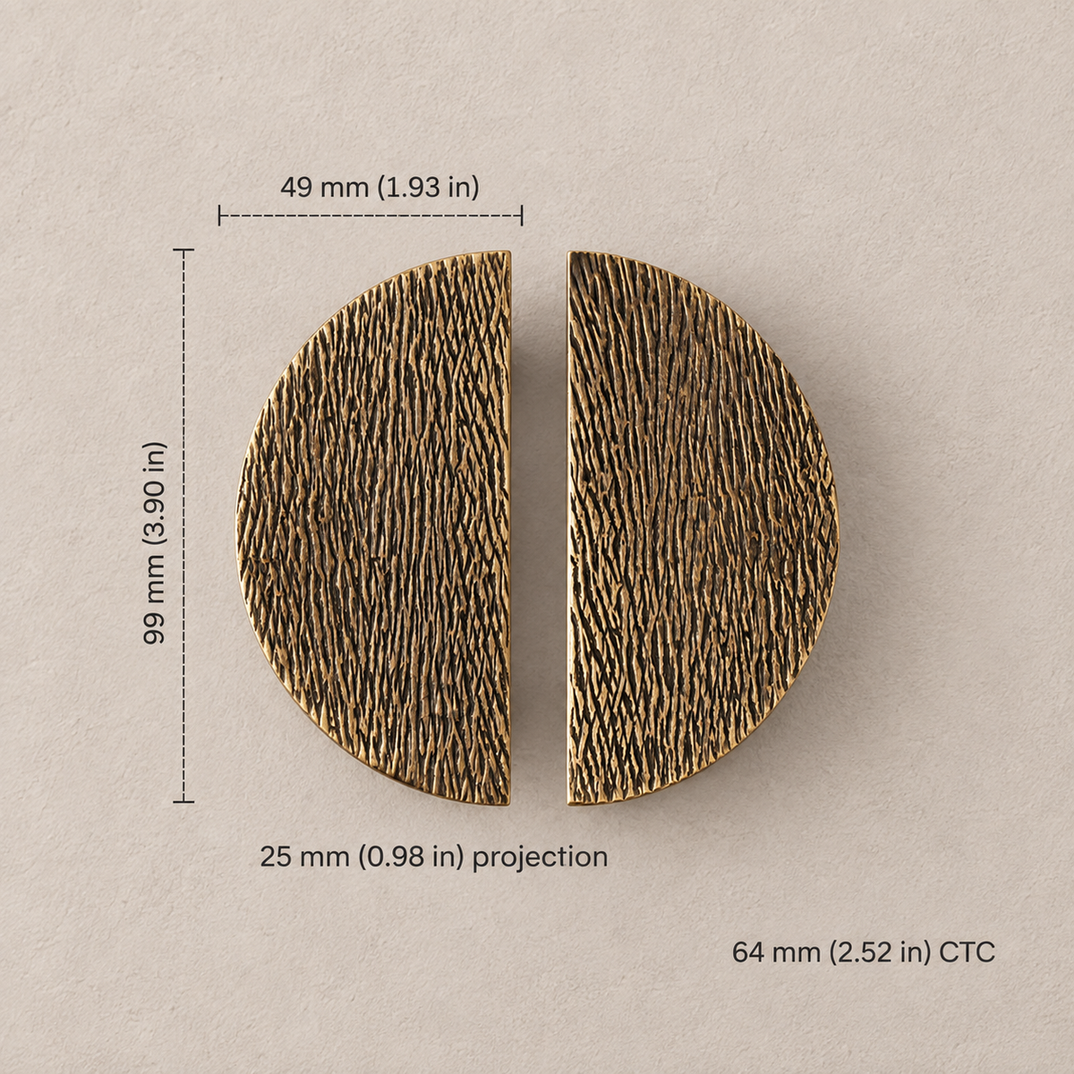 Semicircular cabinet pull dimensions: 99 by 49 mm face, 64 mm (2.52 in) CTC