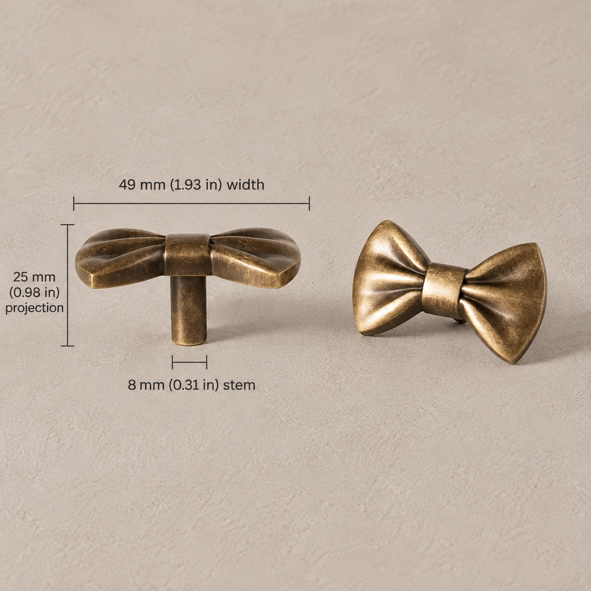 Bow-tie knob dimensions: 49 mm (1.93 in) width and 25 mm (0.98 in) projection