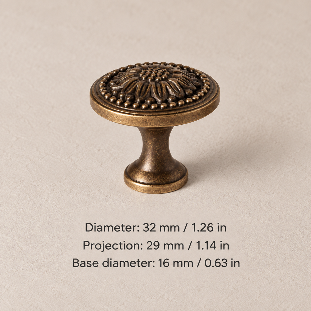Chrysanthemum cabinet knob dimensions: 32 mm diameter, 29 mm projection and 16 mm base