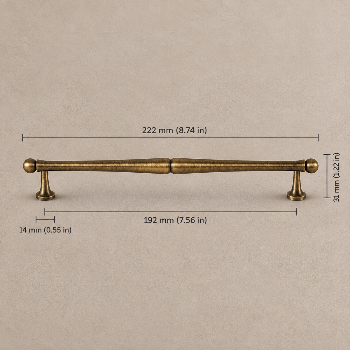 Antique brass classic vintage 192mm on taupe plaster, measurements in mm and inches