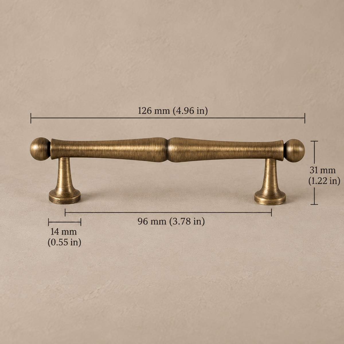 Antique brass classic vintage 96mm on taupe plaster, measurements in mm and inches