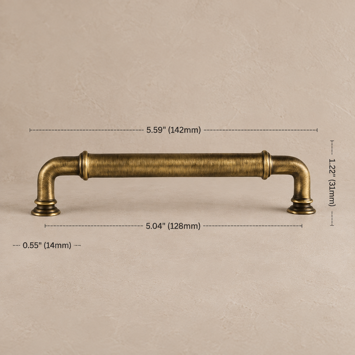 Antique brass cabinet pull, 128 mm (5.04 in) mounting centers, 142 mm overall