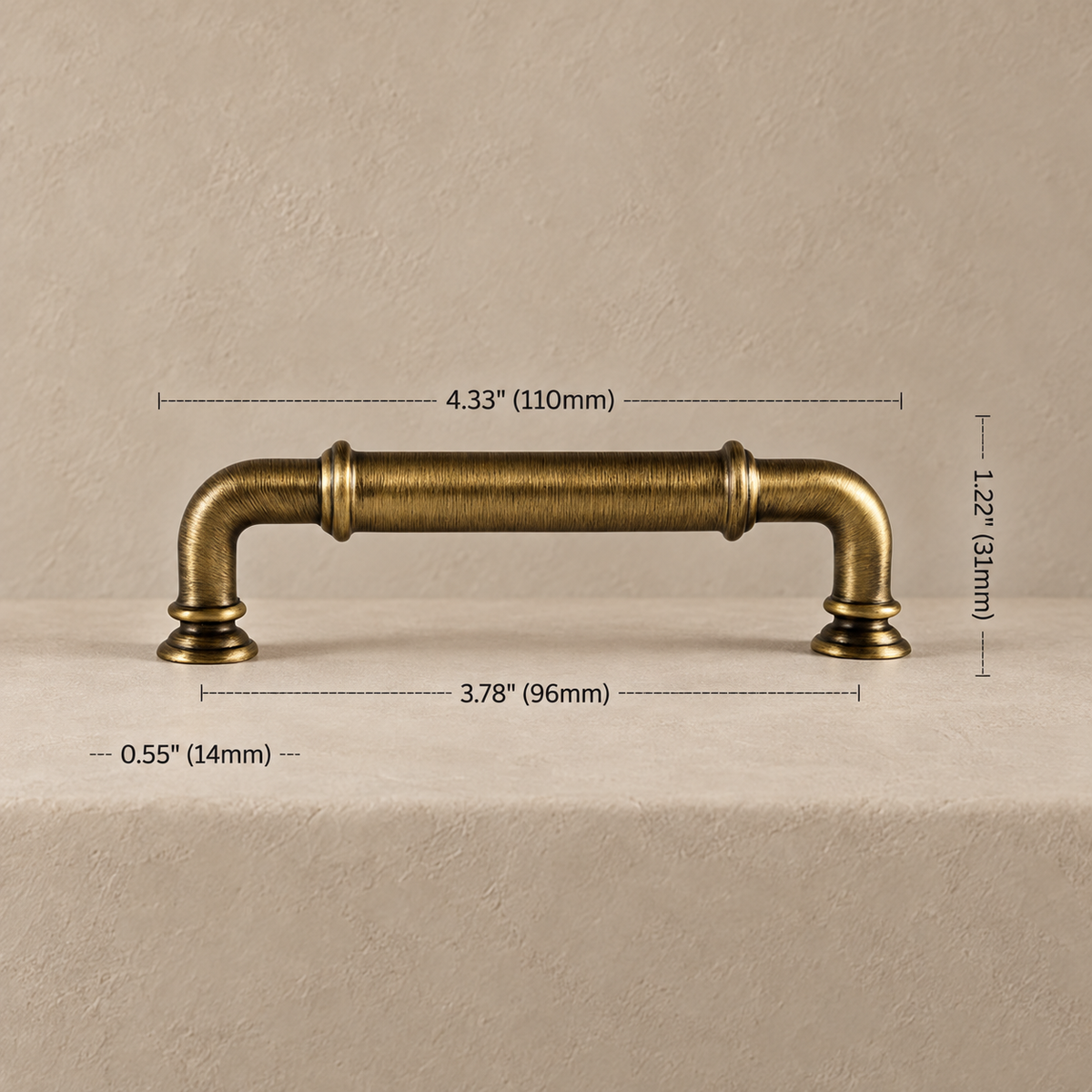 Antique brass cabinet pull, 96 mm (3.78 in) mounting centers, 110 mm overall