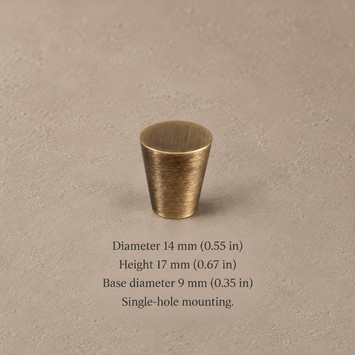 Antique brass cabinet hardware 14mm knob on taupe plaster with dimensions