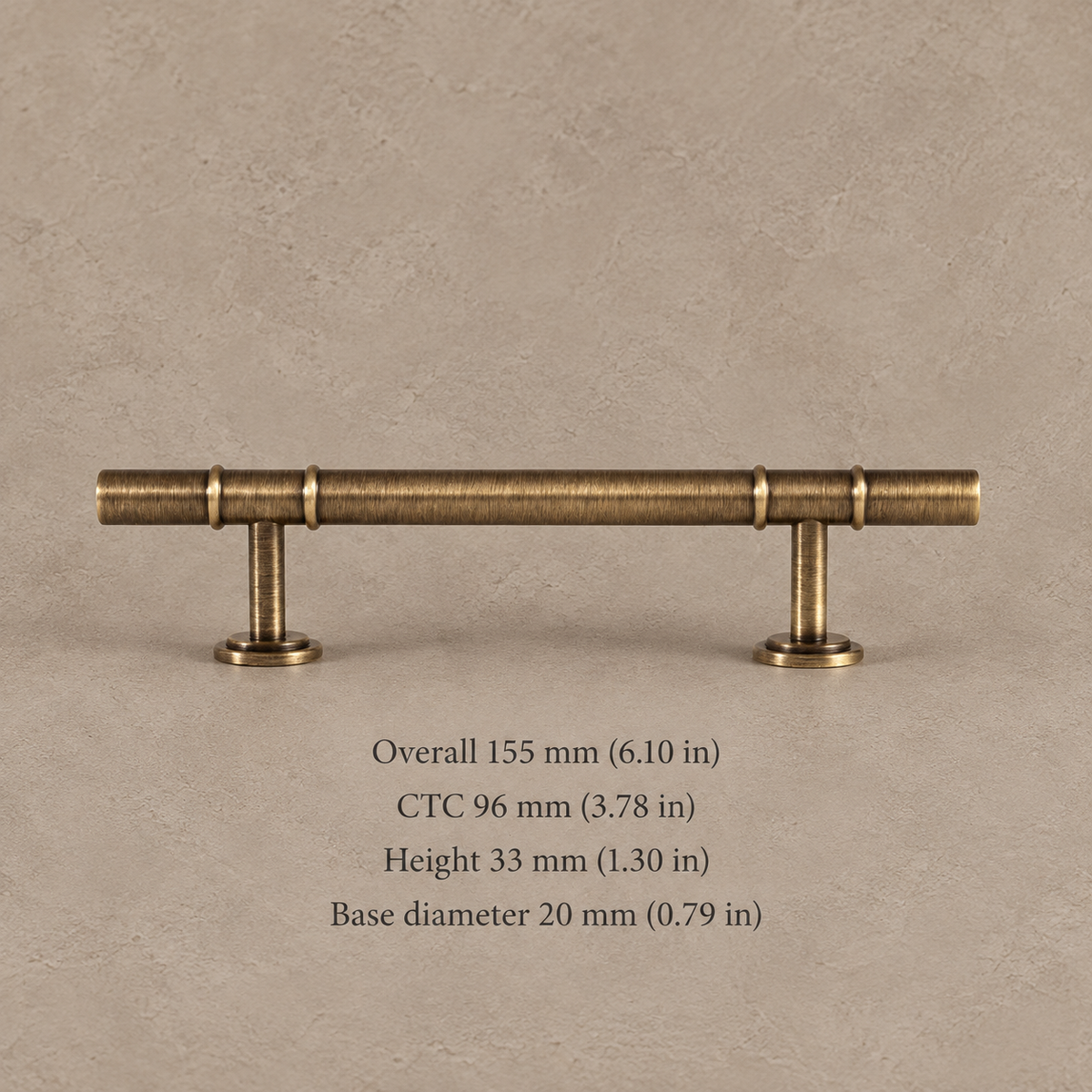 Antique brass cabinet hardware 96mm on taupe plaster with dimensions