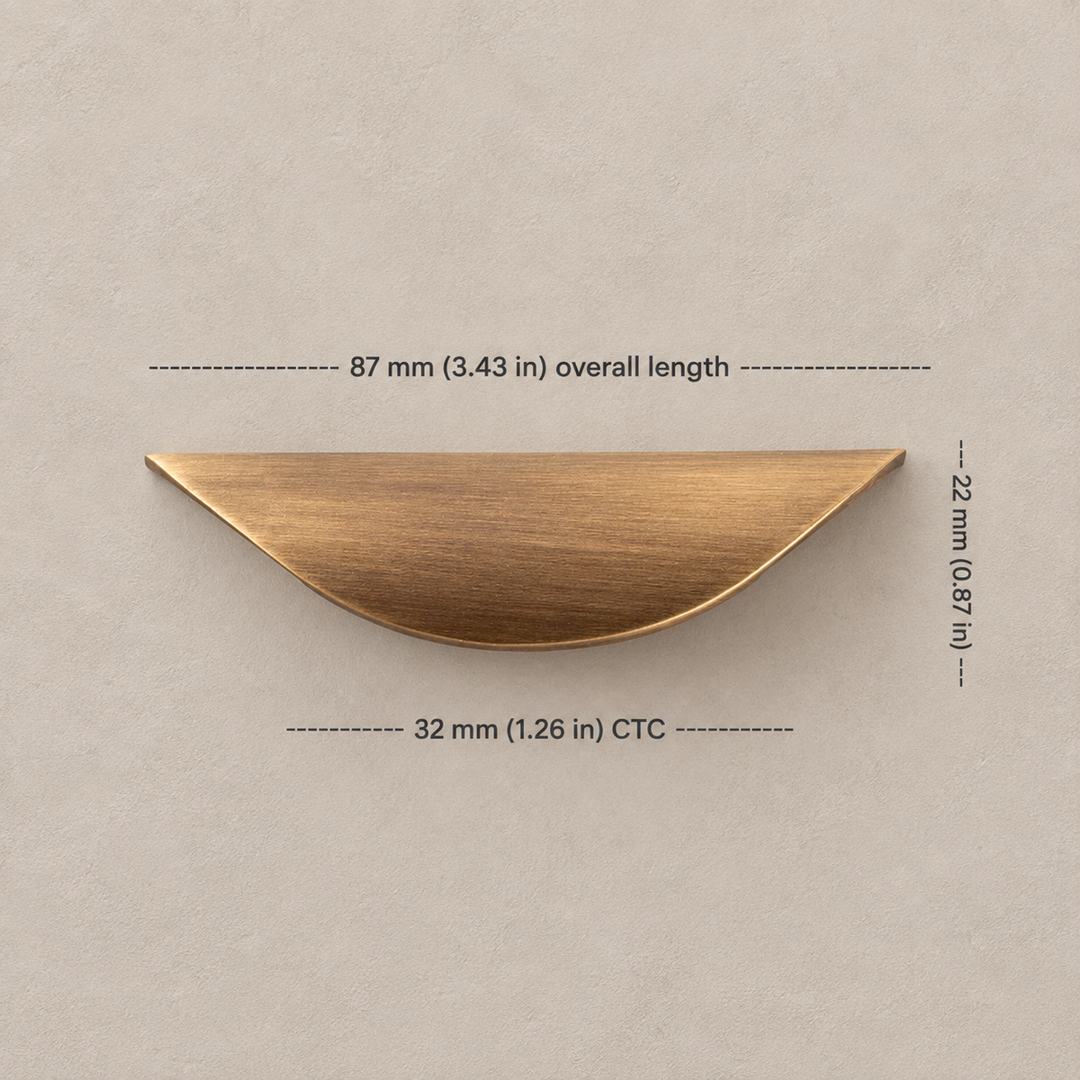 32 mm CTC antique brass crescent pull dimensions in millimeters and inches