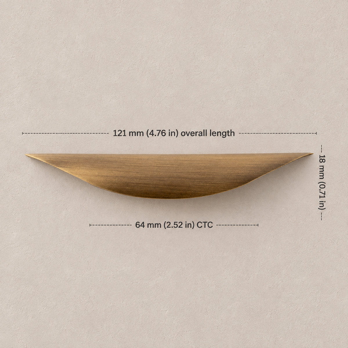 64 mm CTC antique brass crescent pull dimensions in millimeters and inches