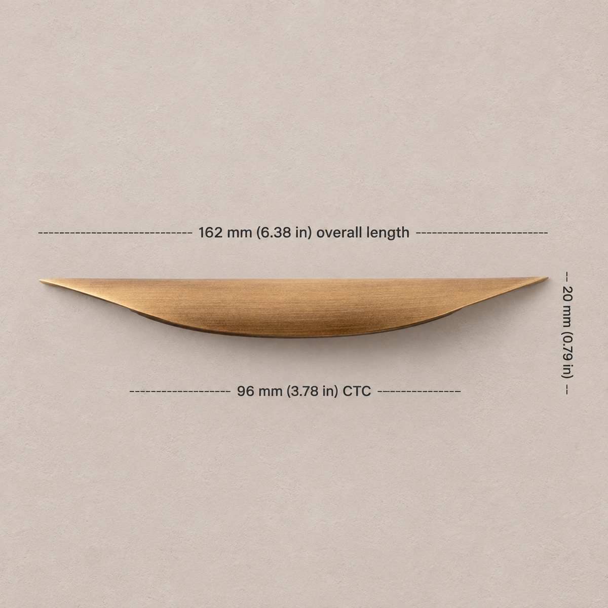 96 mm CTC antique brass crescent pull dimensions in millimeters and inches