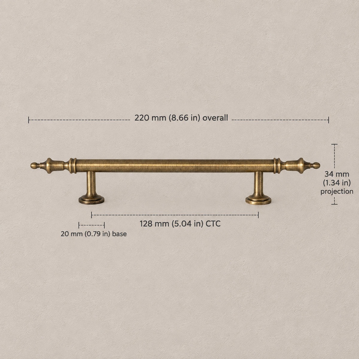 128 mm CTC antique brass cabinet pull dimensions in millimeters and inches