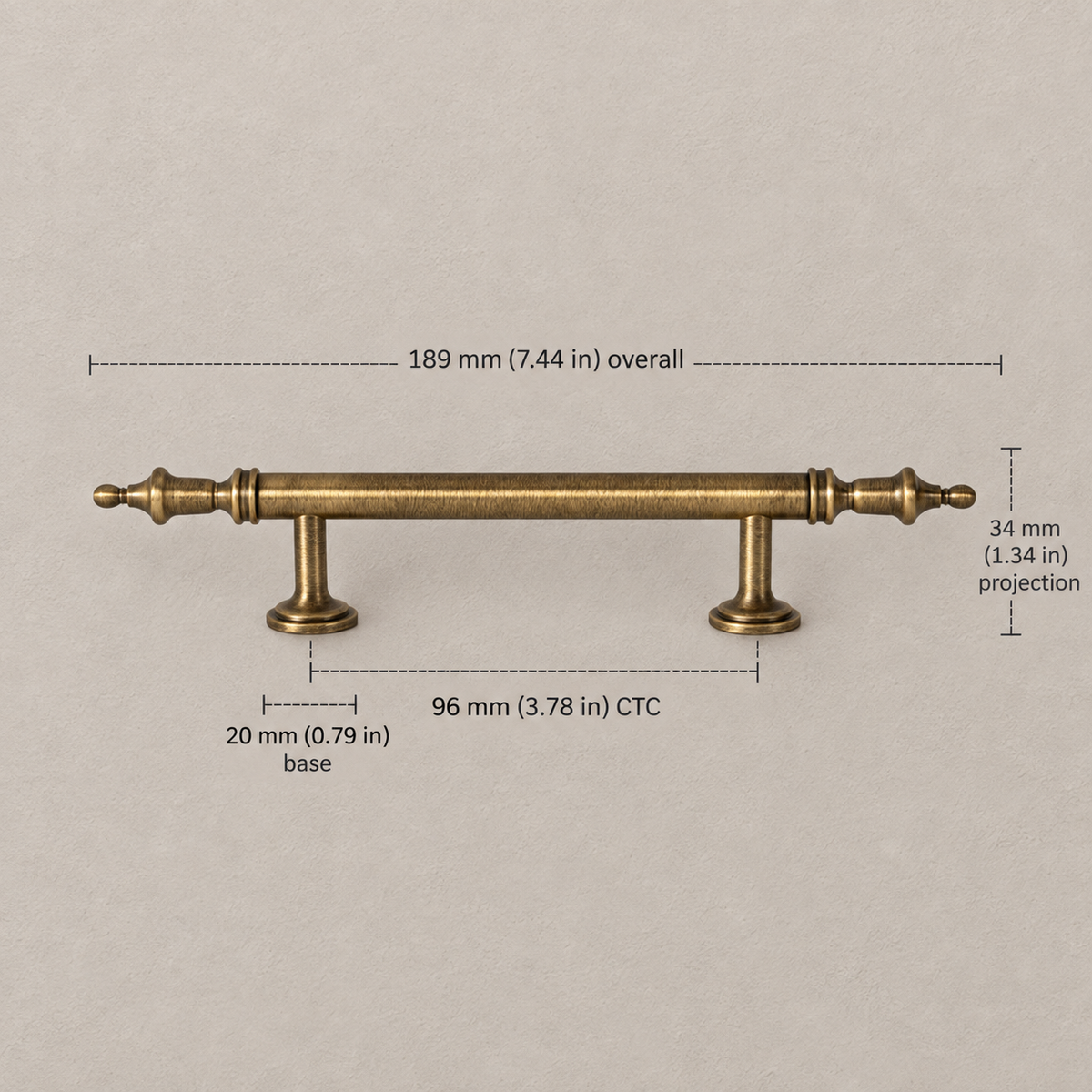 96 mm CTC antique brass cabinet pull dimensions in millimeters and inches