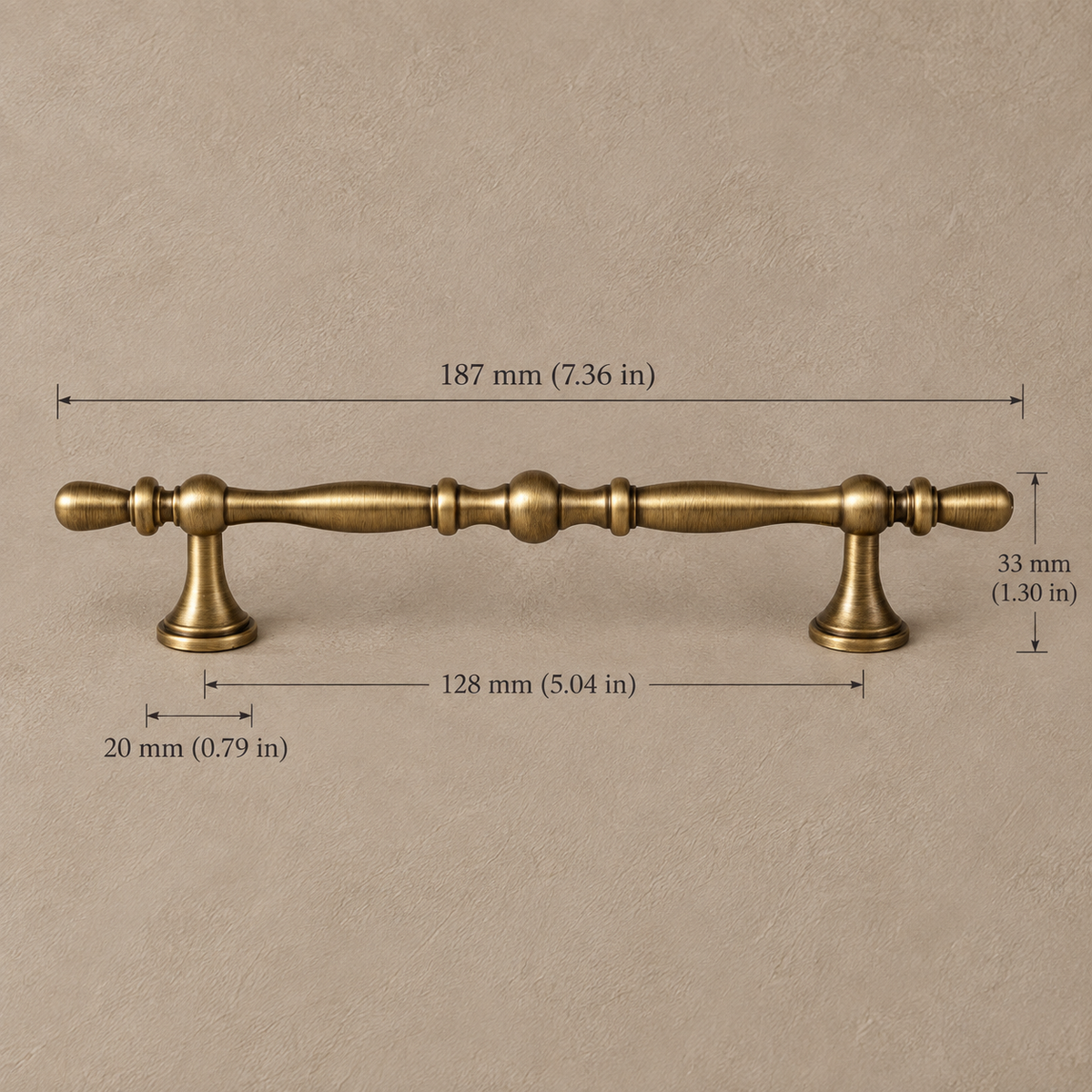 Antique brass European retro 128mm on taupe plaster, dimensions in mm and inches