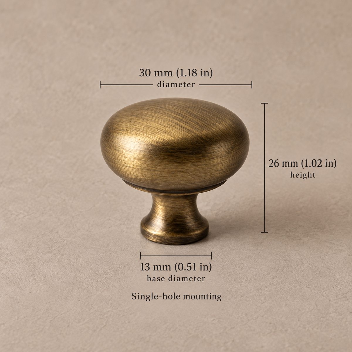 Antique brass European retro 30mm knob on taupe plaster, dimensions in mm and inches