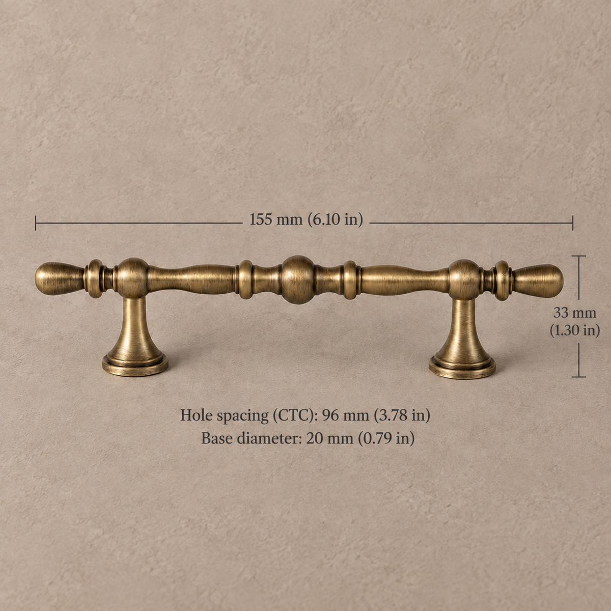 Antique brass European retro 96mm on taupe plaster, dimensions in mm and inches