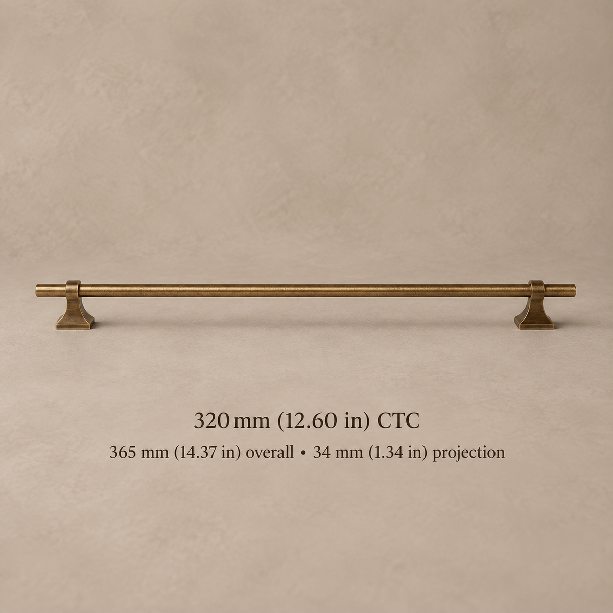 Antique brass cabinet pull with flared square feet, 320 mm center-to-center, millimetre and inch dimensions on taupe background