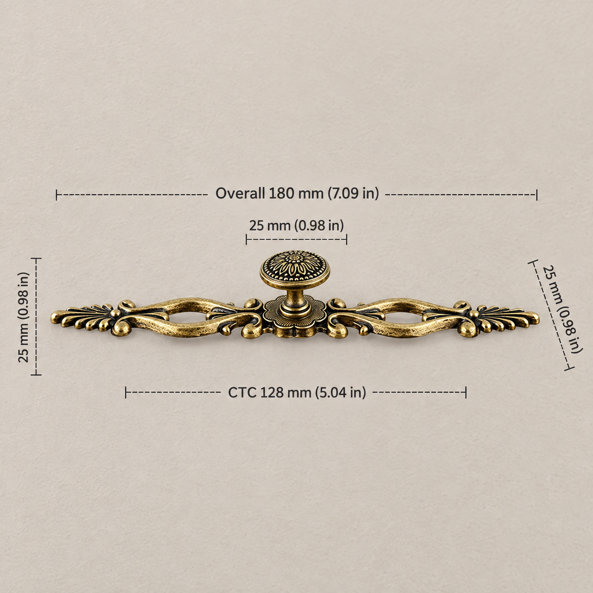 Antique brass floral cabinet hardware with 128 mm CTC dimensions