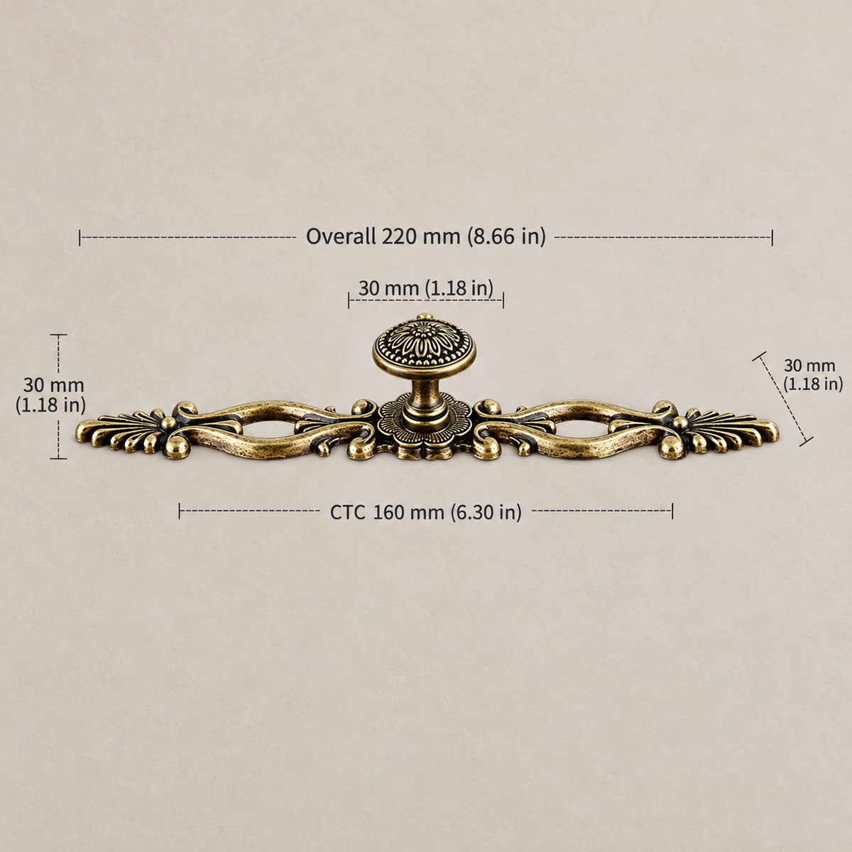 Antique brass floral cabinet hardware with 160 mm CTC dimensions