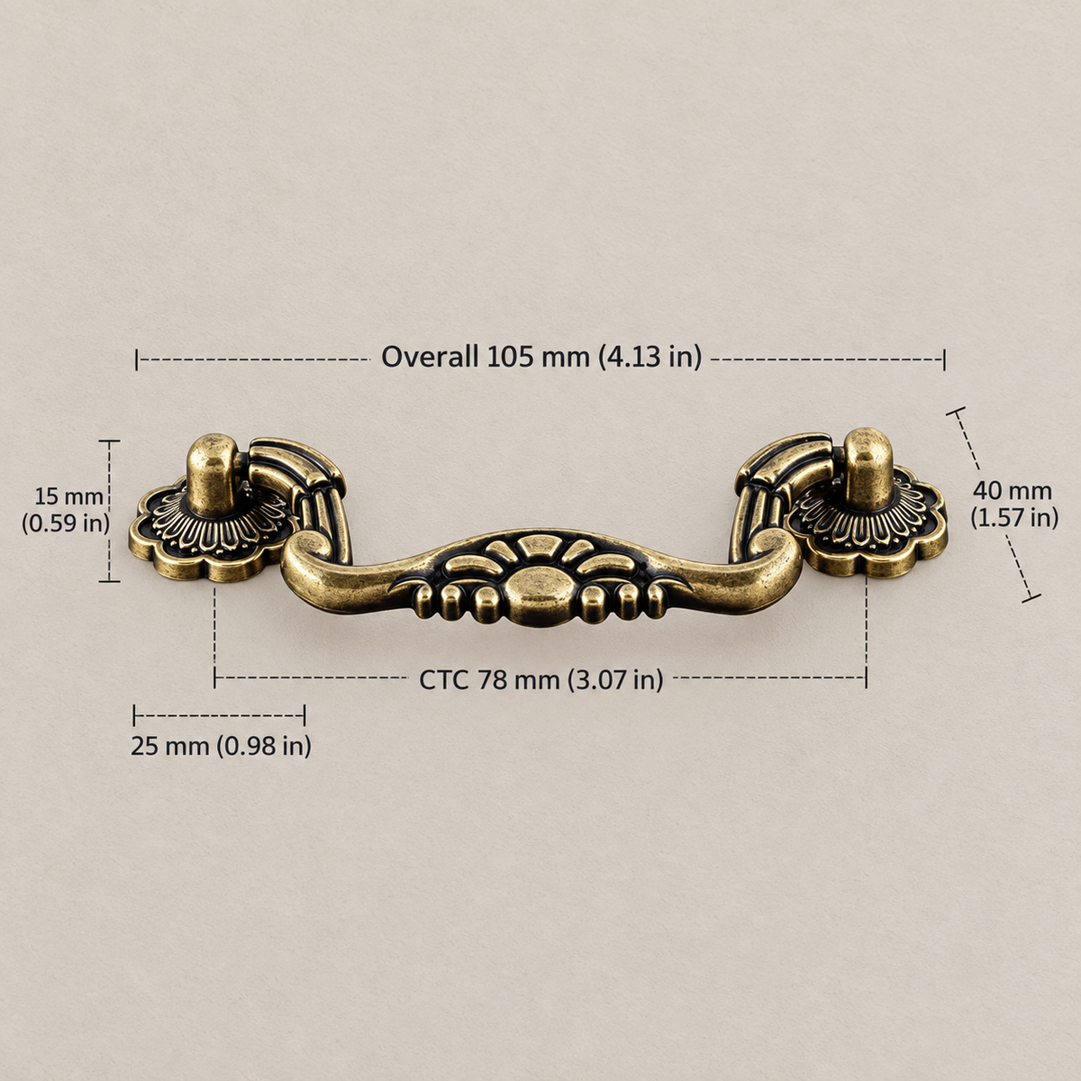 Antique brass floral cabinet hardware with 78 mm CTC dimensions
