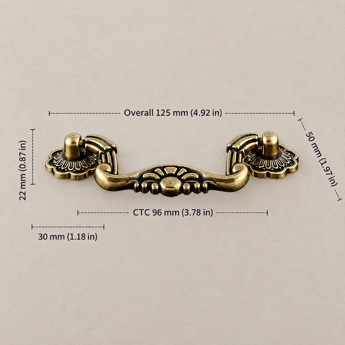 Antique brass floral cabinet hardware with 96 mm CTC dimensions