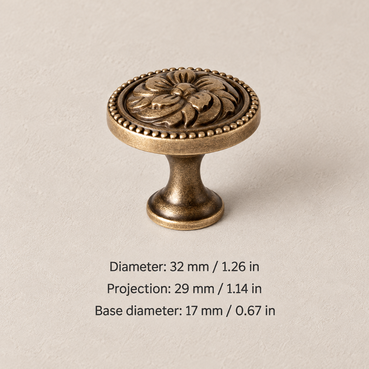 Floral cabinet knob dimensions: 32 mm diameter, 29 mm projection, 17 mm base