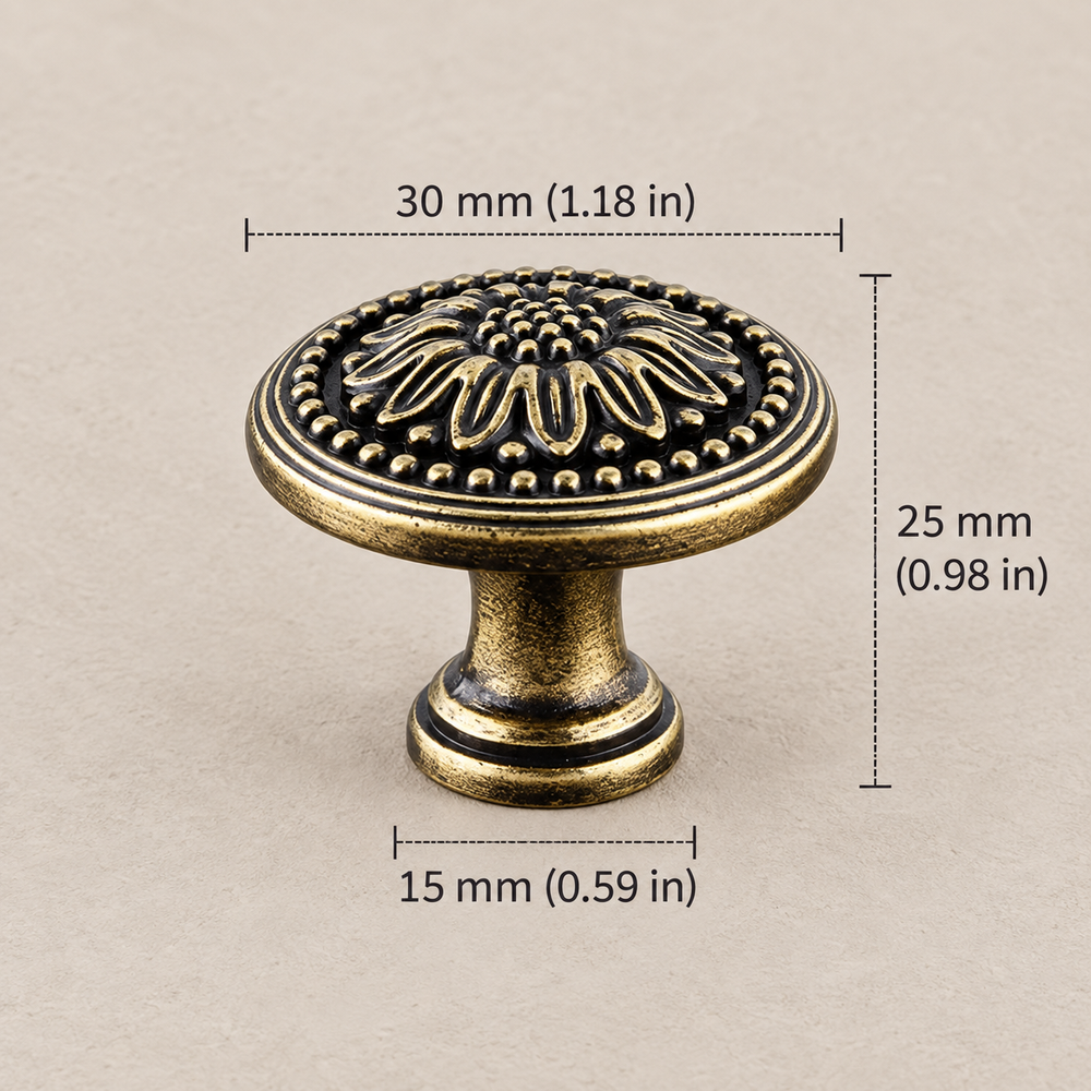 Antique brass floral cabinet knob with 30 mm dimensions