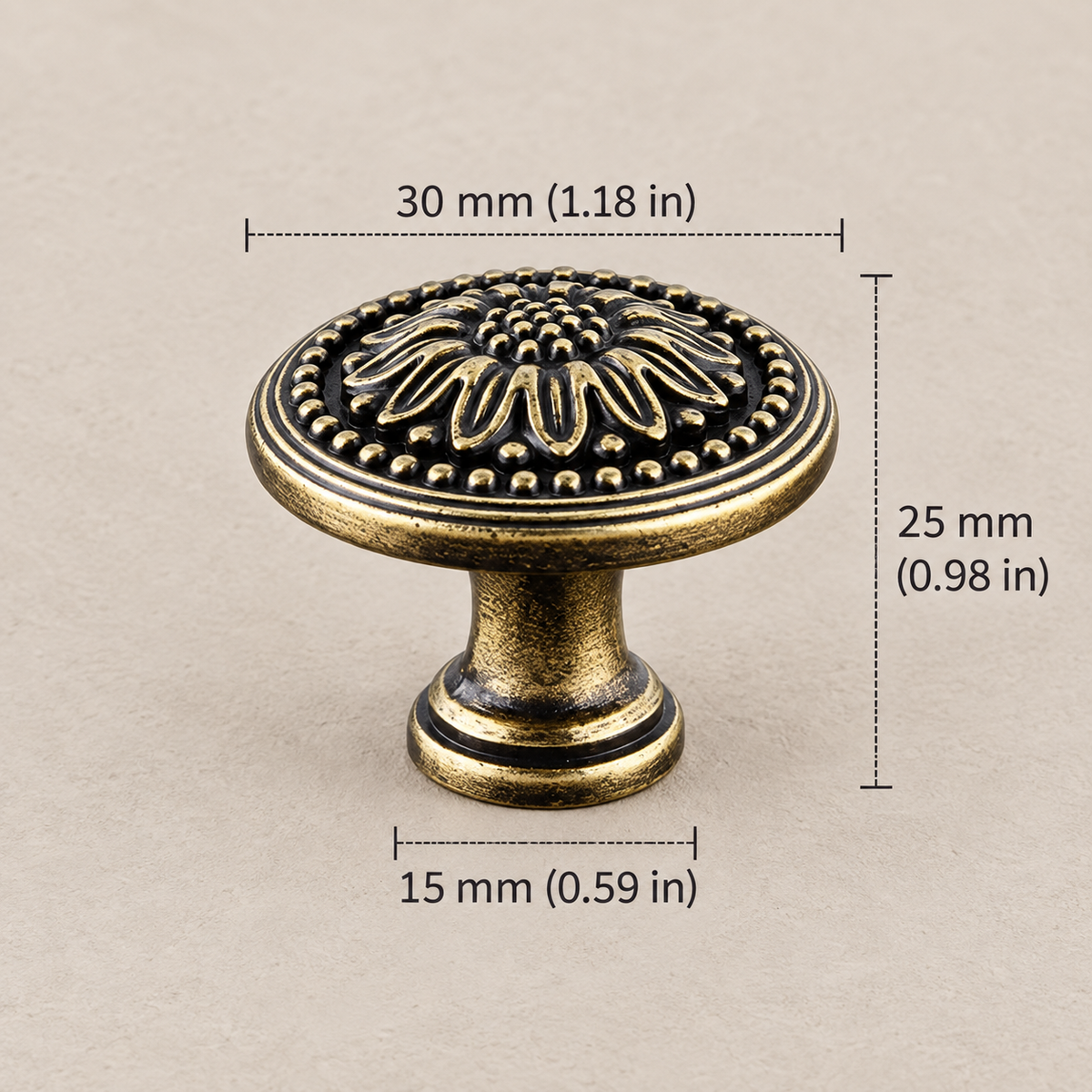 Antique brass floral cabinet knob with 30 mm dimensions