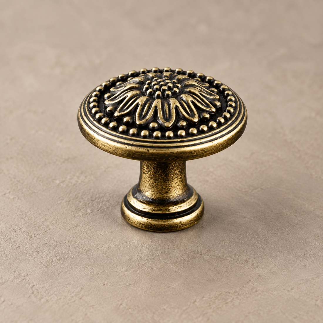 Vintage Ring Cabinet Pull & Knob — Antique Brass Finish on a deep olive studio background