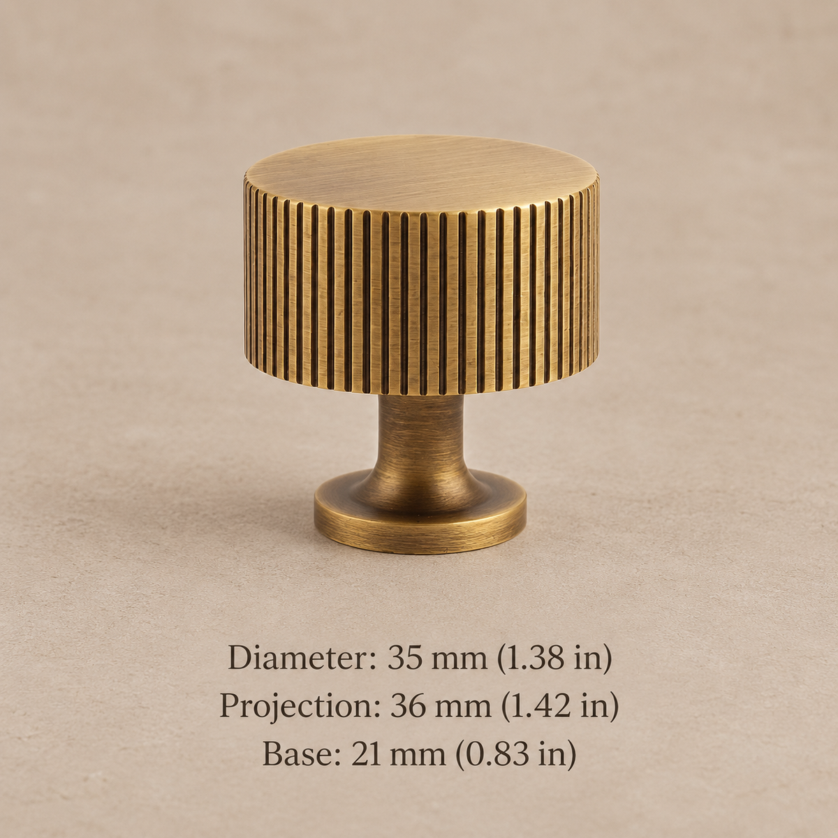 Antique brass fluted drum cabinet knob 35 mm diameter with millimeter and inch measurements