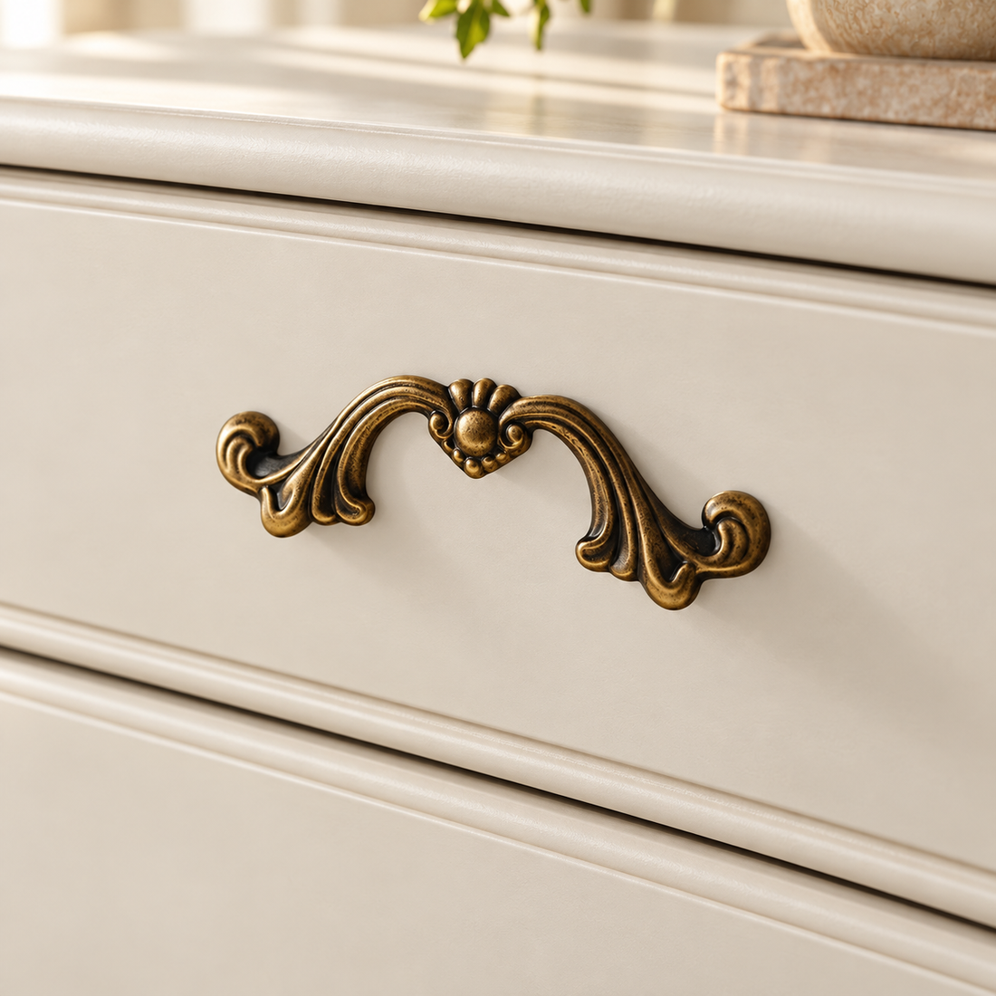 Solid Brass French Vintage Cabinet Pulls — Antique Brass on a warm ivory background