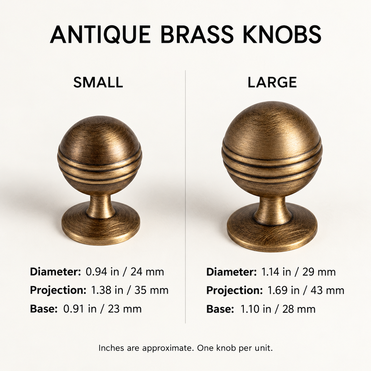 Antique brass knobs: 0.94 inch / 24 mm and 1.14 inch / 29 mm diameters with projection and base measurements.
