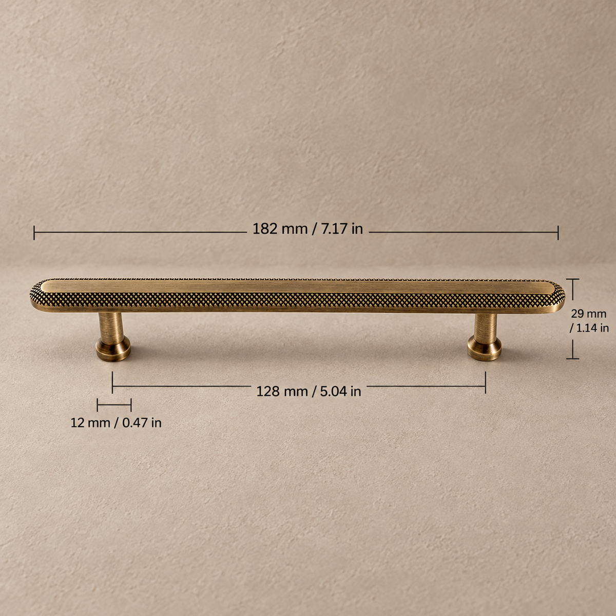 Antique brass knurled cabinet pull dimensions, 128 mm (5.04 in) hole spacing