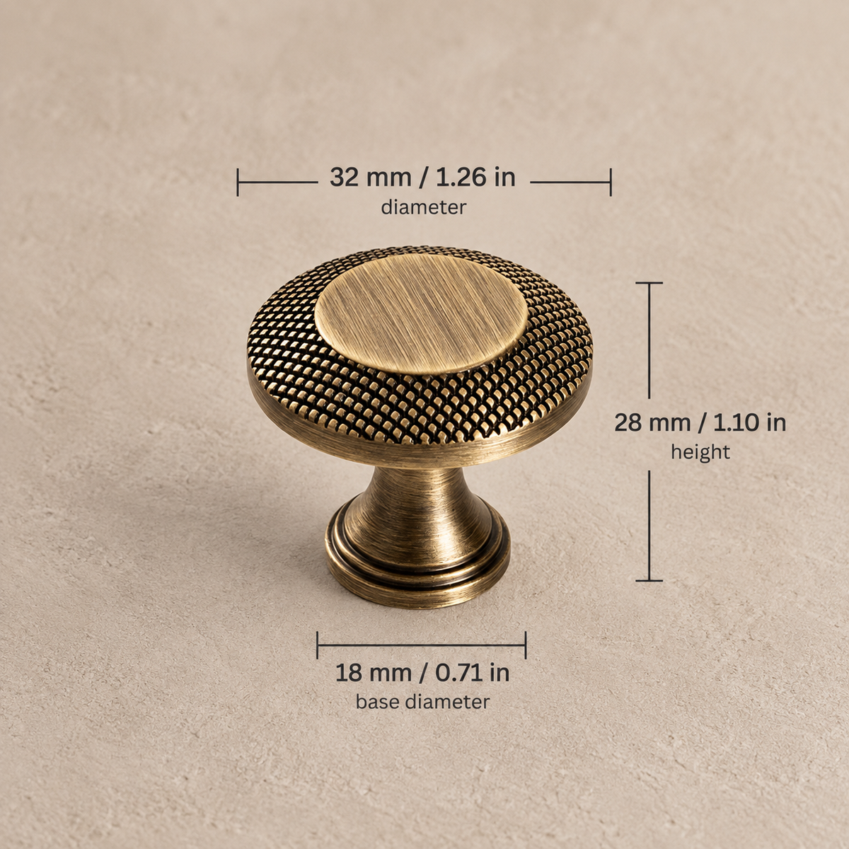 Antique brass round knurled knob dimensions, 32 mm (1.26 in) diameter