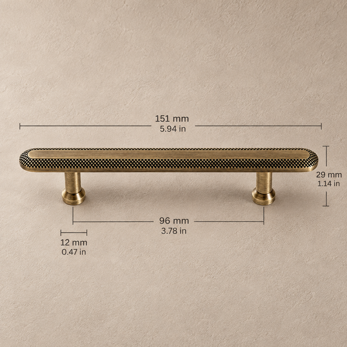 Antique brass knurled cabinet pull dimensions, 96 mm (3.78 in) hole spacing
