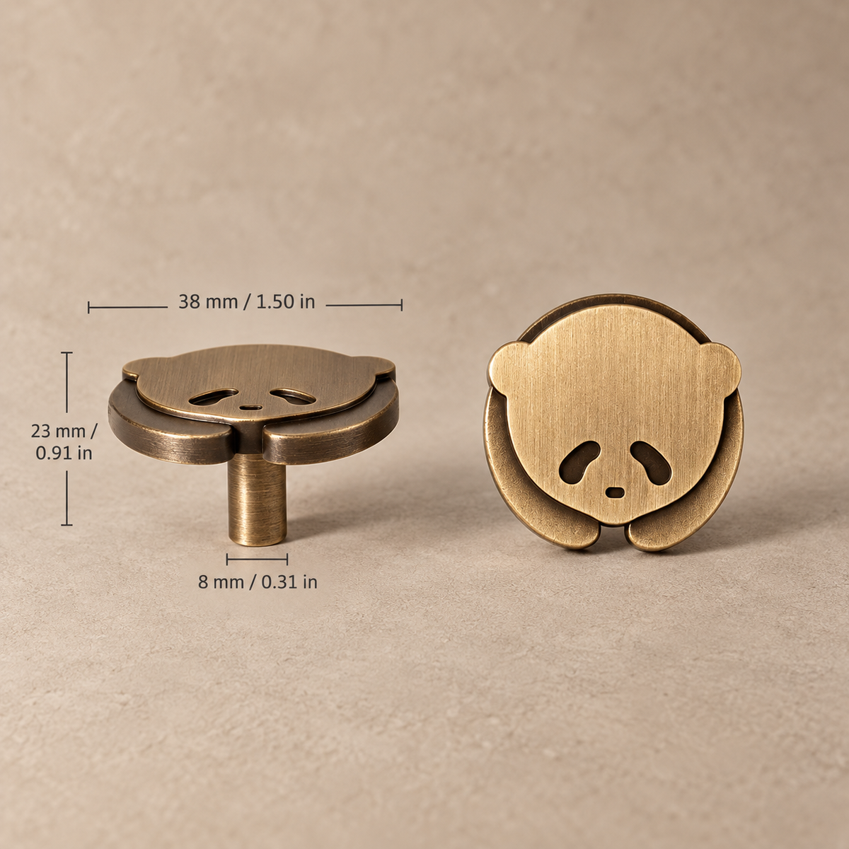 Curled panda cabinet knob dimensions in millimeters and inches