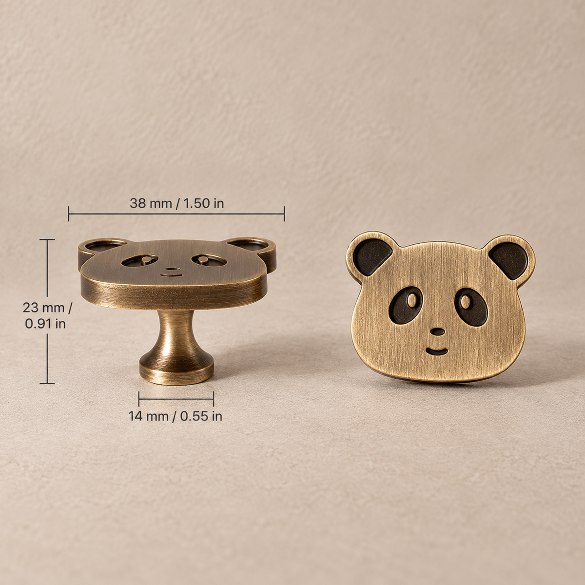 Panda face cabinet knob dimensions in millimeters and inches
