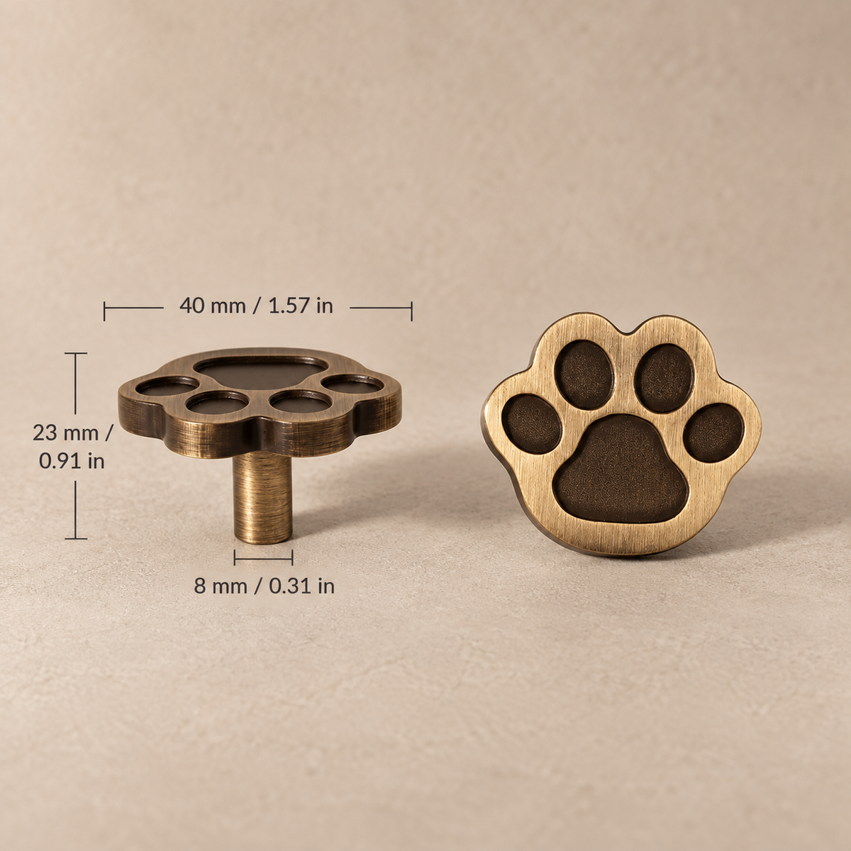 Paw cabinet knob dimensions in millimeters and inches