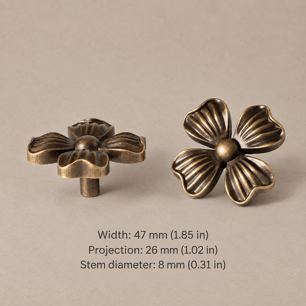 Antique brass four-petal cabinet knob — 47 mm width, 26 mm projection and 8 mm stem diameter