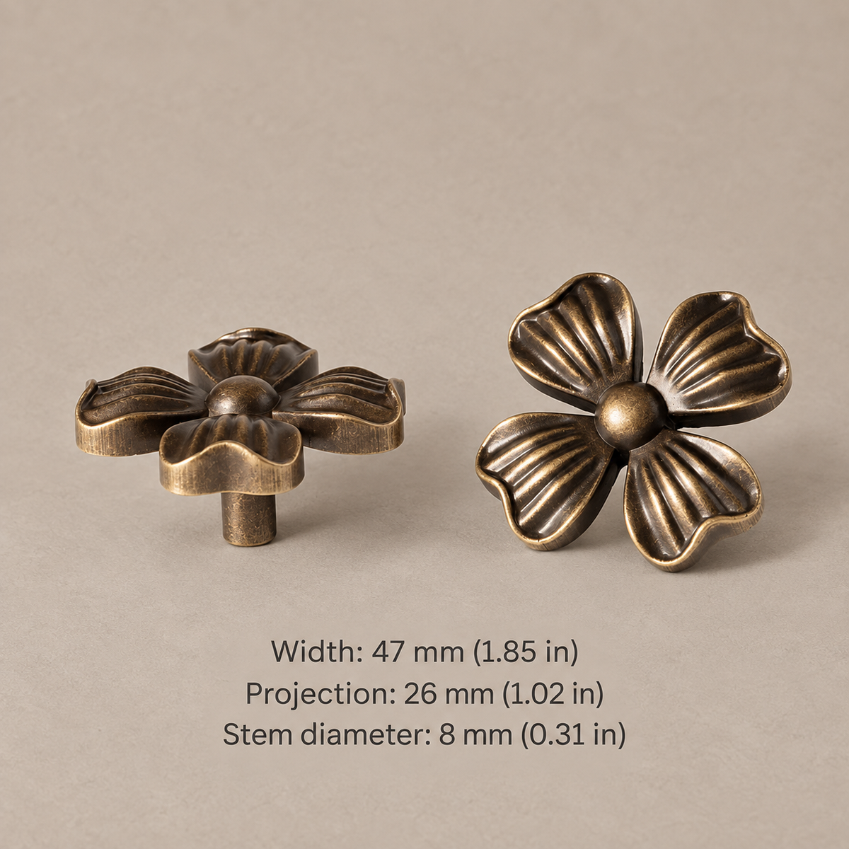 Antique brass four-petal cabinet knob — 47 mm width, 26 mm projection and 8 mm stem diameter