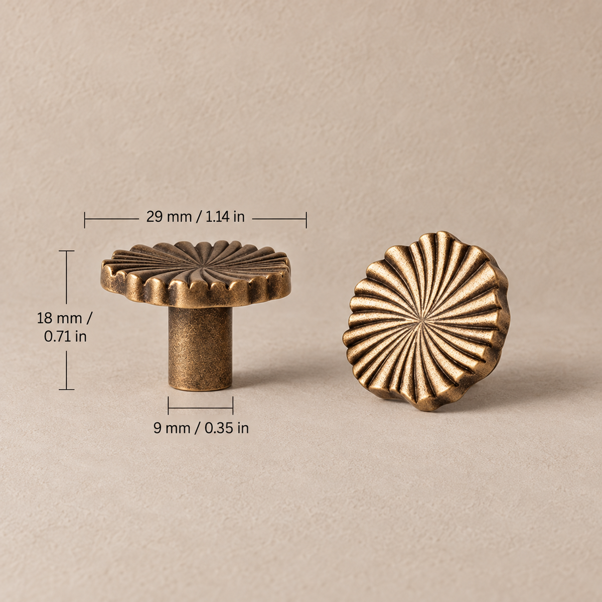 Antique brass 29 mm round knob with millimeter and inch dimensions