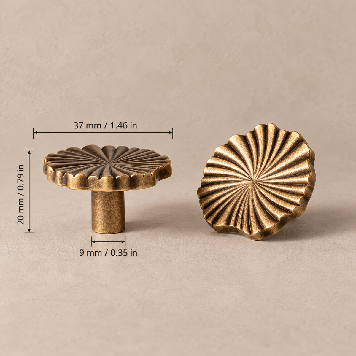 Antique brass 37 mm round knob with millimeter and inch dimensions