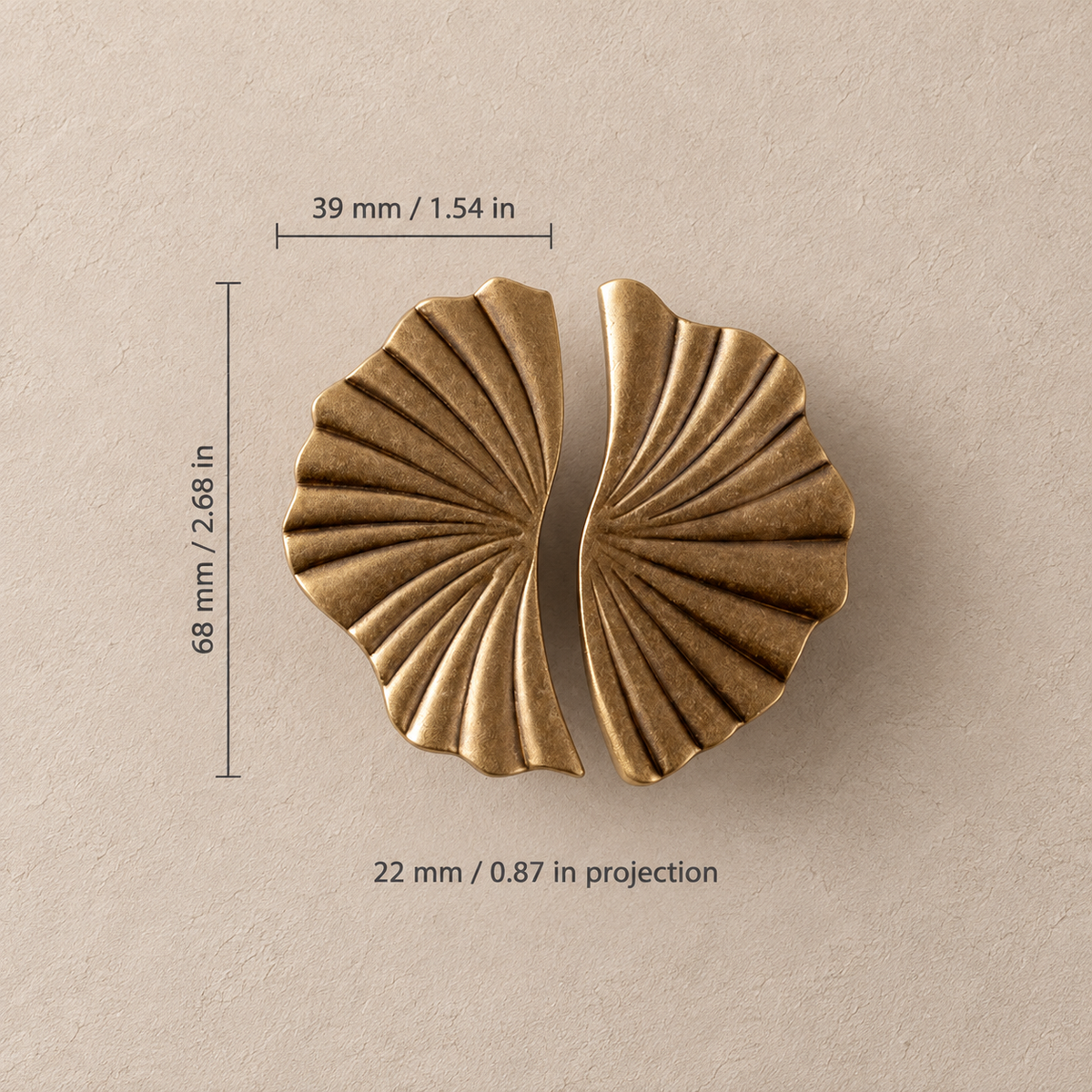 Antique brass fan pull pair, 39 mm width and 68 mm length exterior dimensions