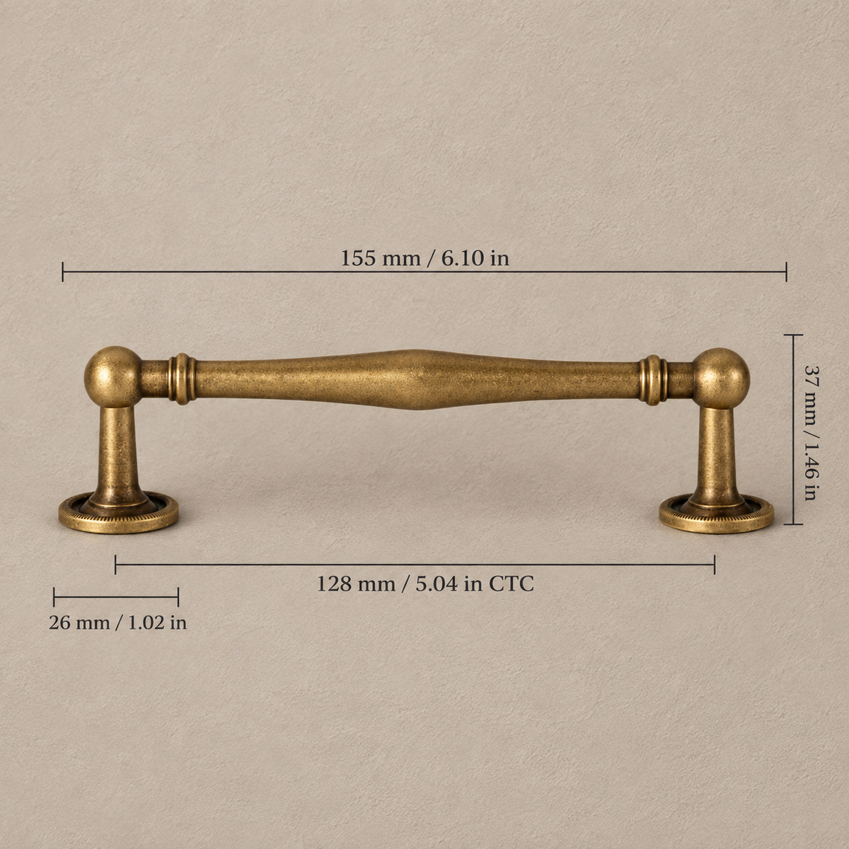 128 mm CTC antique brass pull dimensions in millimeters and inches