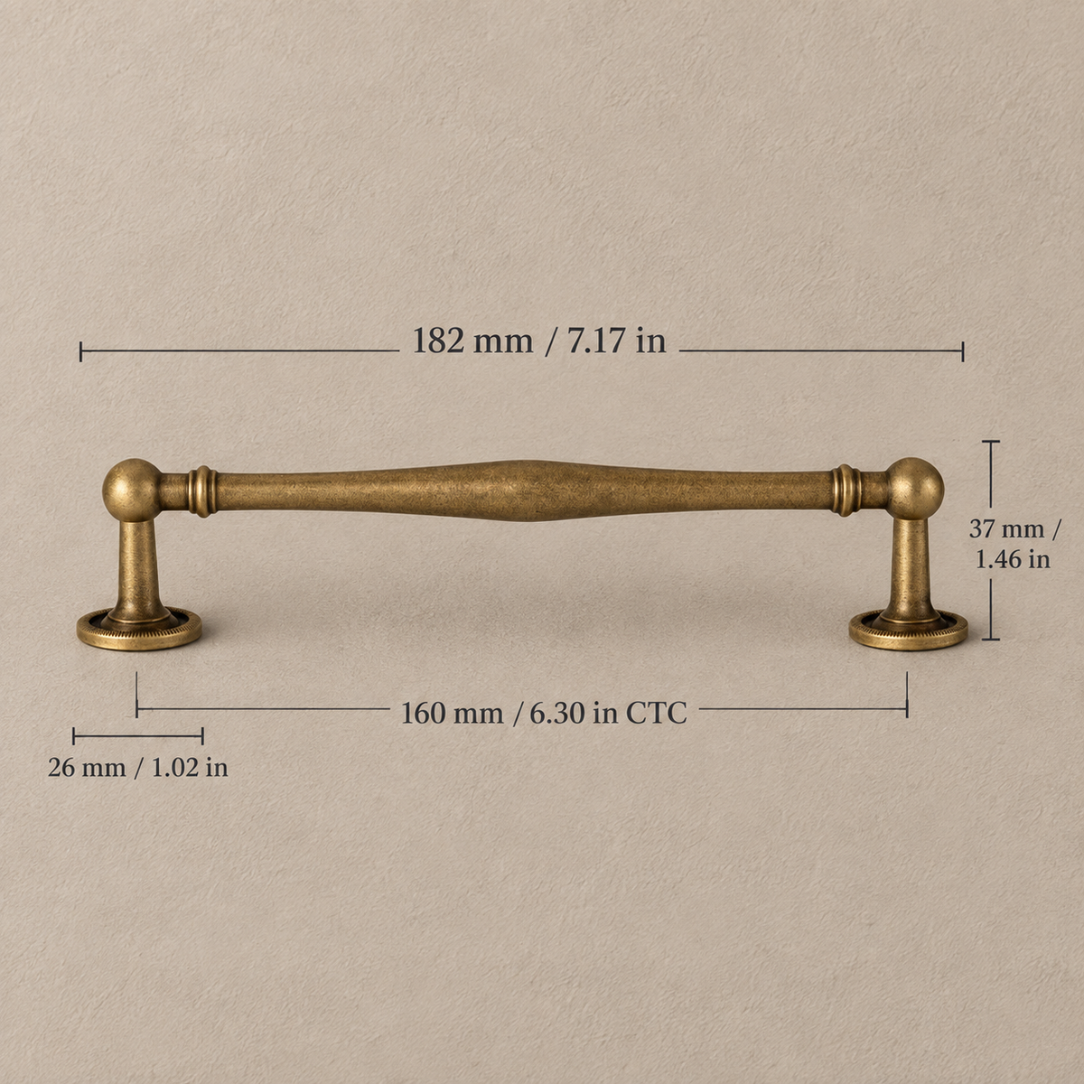 160 mm CTC antique brass pull dimensions in millimeters and inches