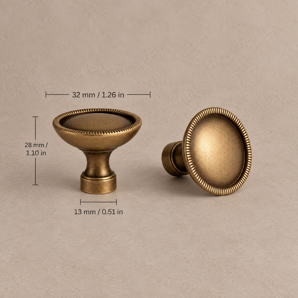 32 mm antique brass ribbed rim knob dimensions in millimeters and inches