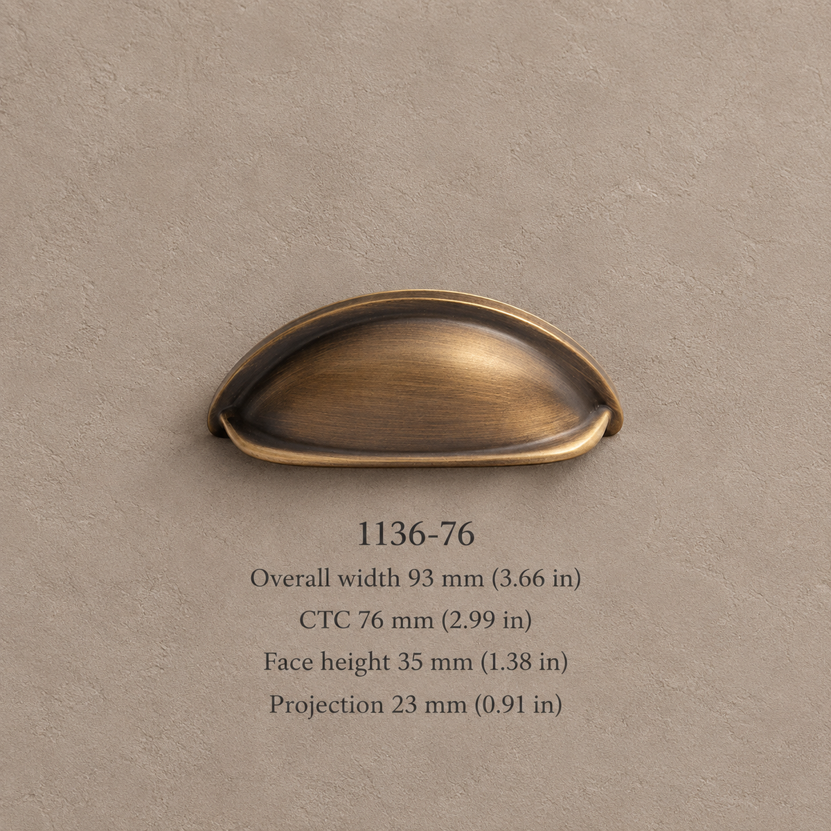 Antique brass shell cup pull 1136 76 on taupe plaster with dimensions
