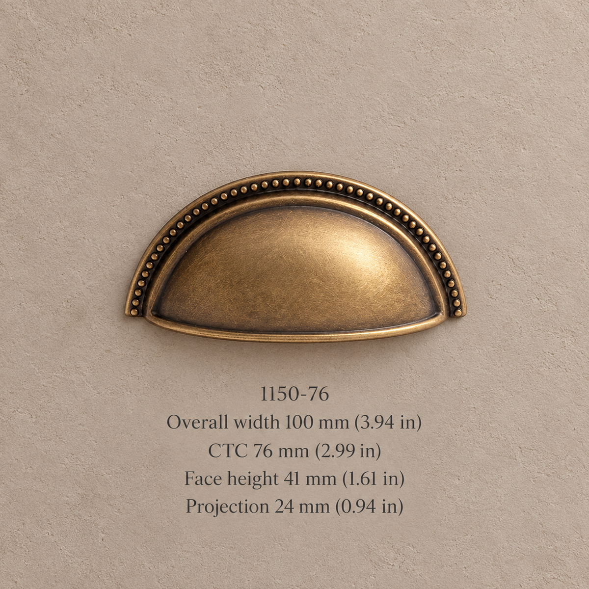 Antique brass shell cup pull 1150 76 on taupe plaster with dimensions