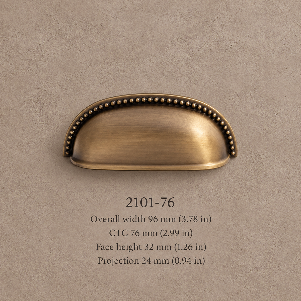 Antique brass shell cup pull 2101 76 on taupe plaster with dimensions