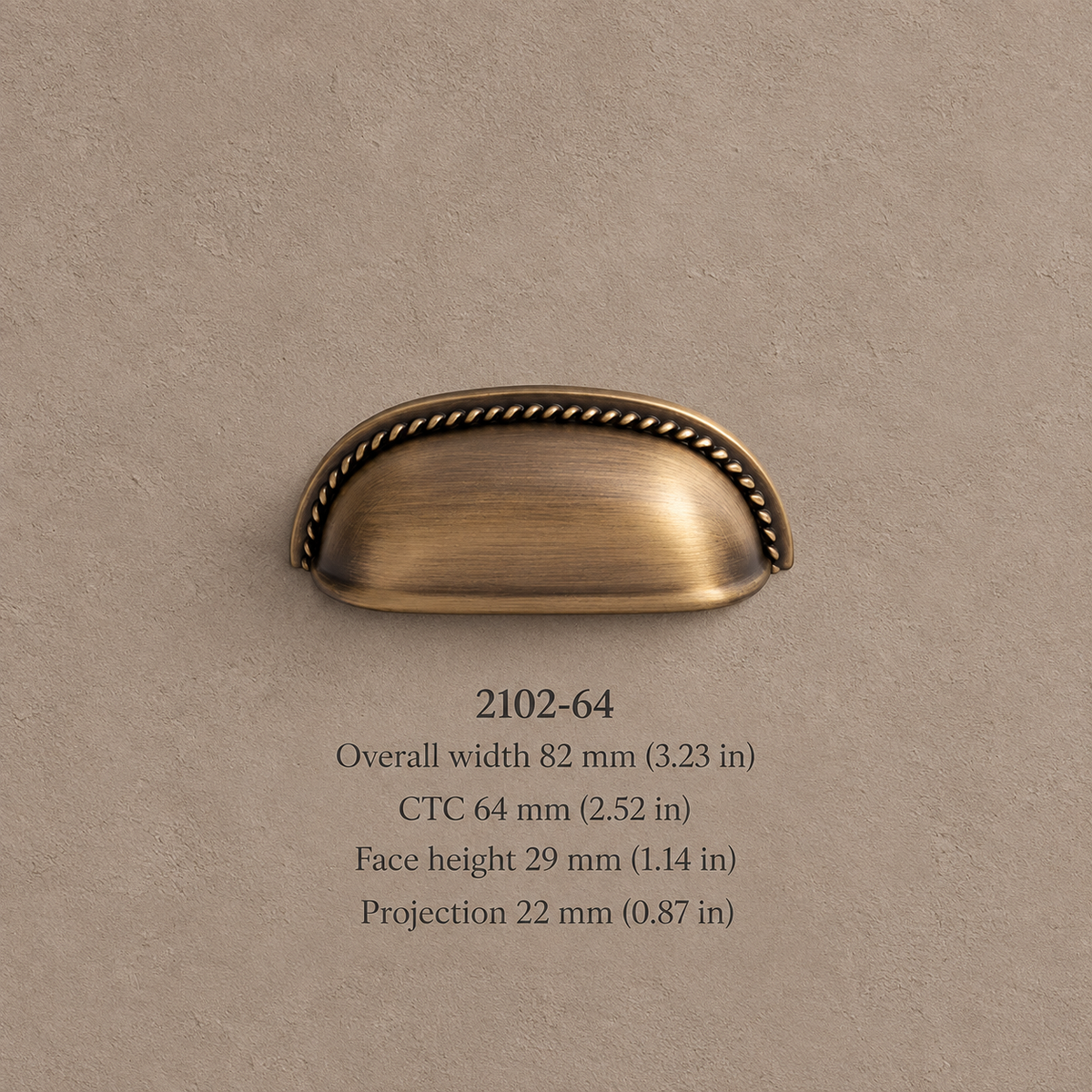 Antique brass shell cup pull 2102 64 on taupe plaster with dimensions