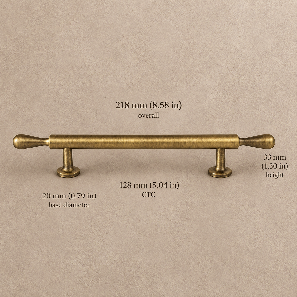 Antique brass slim bar 128mm on taupe plaster, dimensions in mm and inches